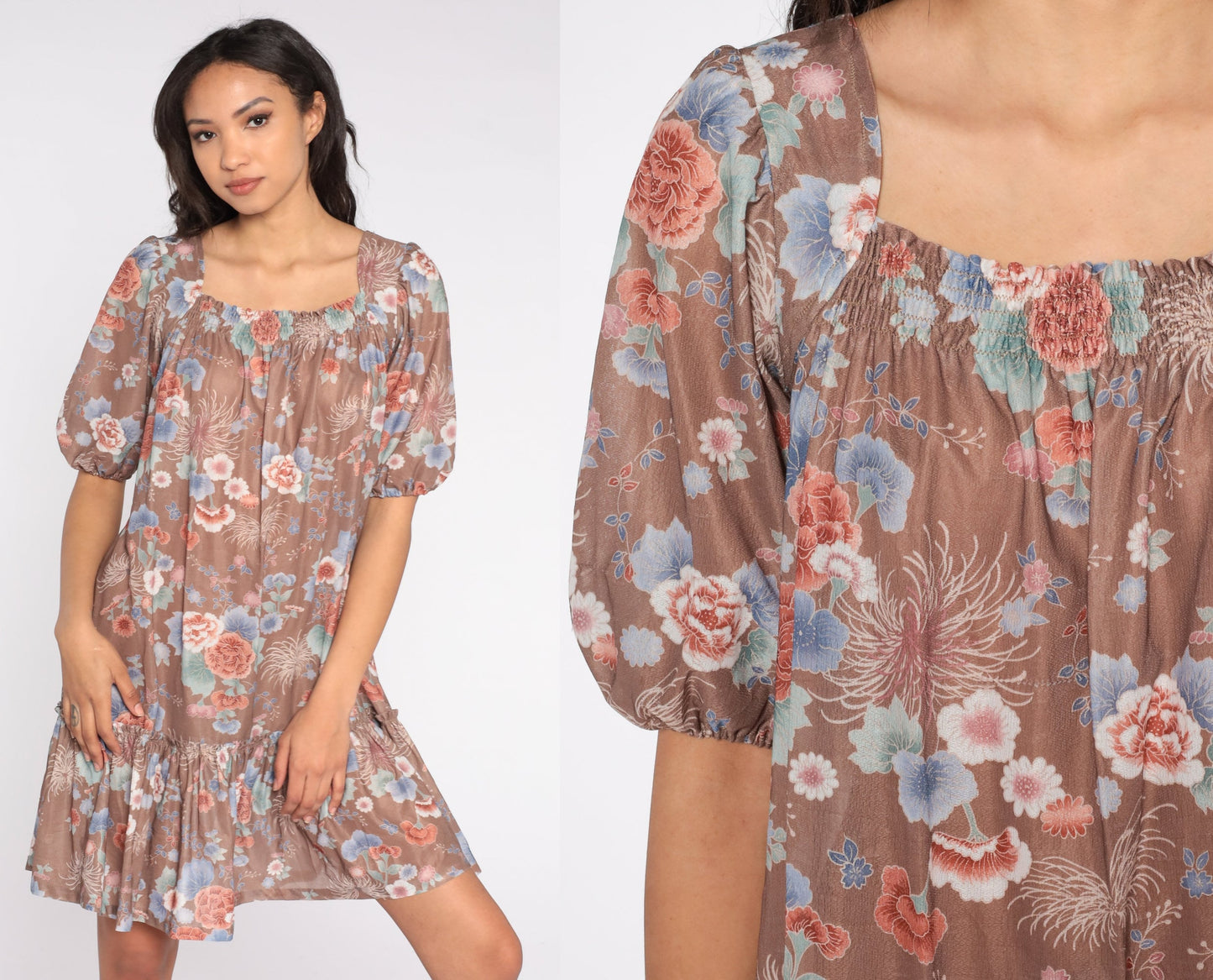 70s Floral Tent Dress Knee Length Ruffle Peasant Sleeve Small Medium