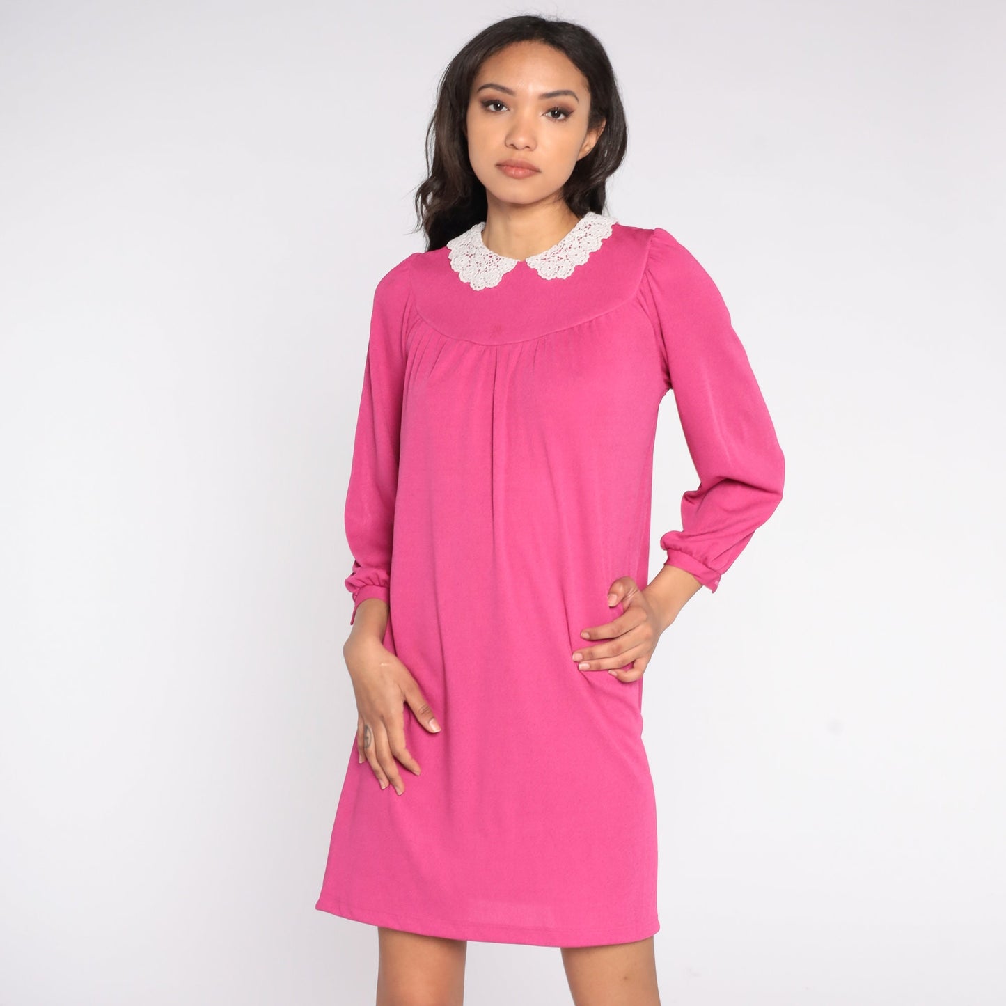 80s Pink Mini Dress Long Sleeve Lace Collar Tent Cut Medium M