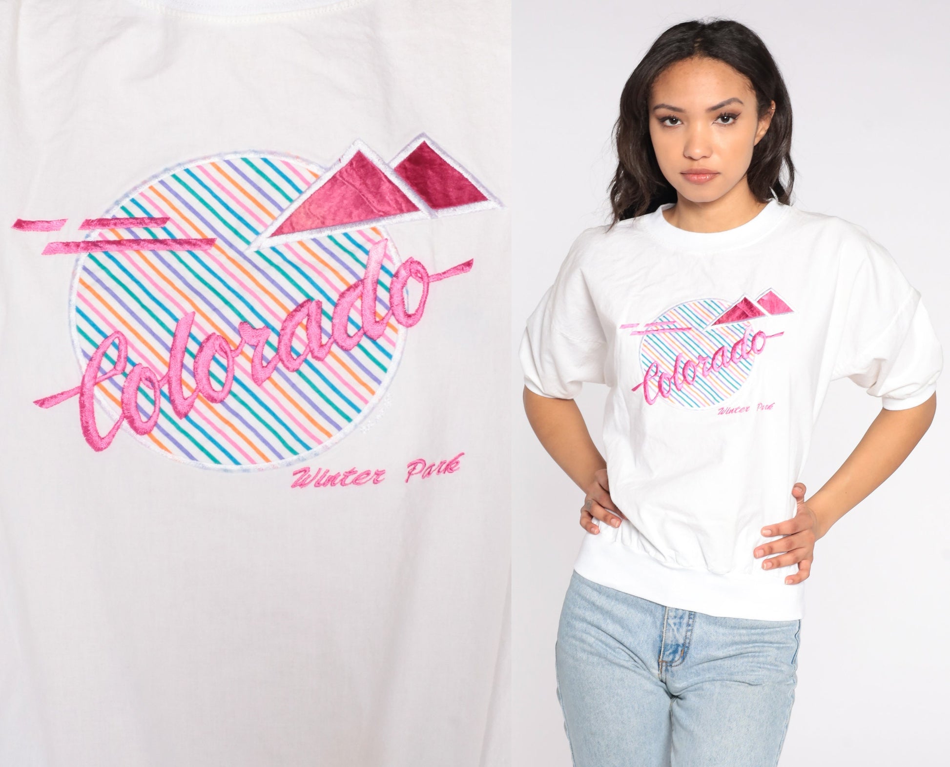 80s Winter Park Colorado Graphic T-Shirt Embroidered Banded Hem White Pink Small