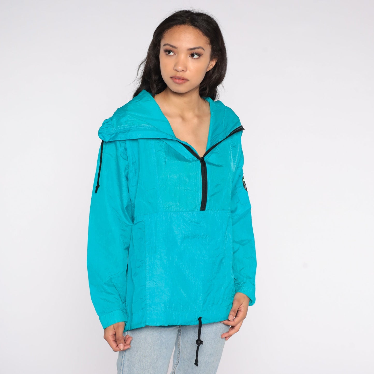 90s Turquoise Shiny Windbreaker Jacket Quarter Zip Hood Red Pepper Medium M