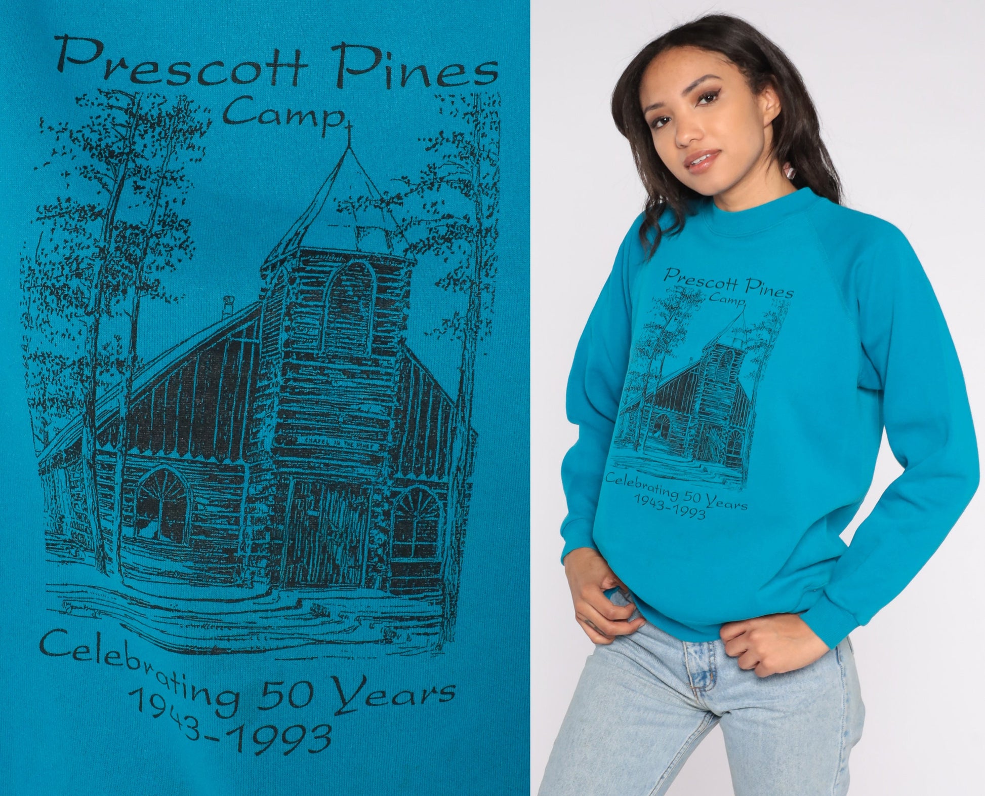 90s Prescott Pines Camp Arizona Raglan Sweatshirt Blue Graphic Crewneck Medium