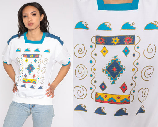 80s Southwestern Geometric Wave Ringer Tee Denim Shoulder Medium