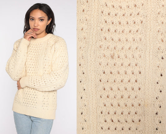 80s Cream Wool Cable Knit Raglan Sweater Fisherman Pullover Medium