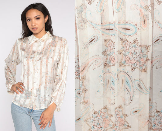 80s Striped Paisley Button Up Shirt Cream Tan Long Sleeve Collared Blouse Small