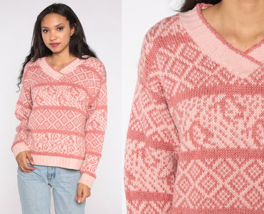 80s Pink Geometric Striped V-Neck Pullover Sweater Large