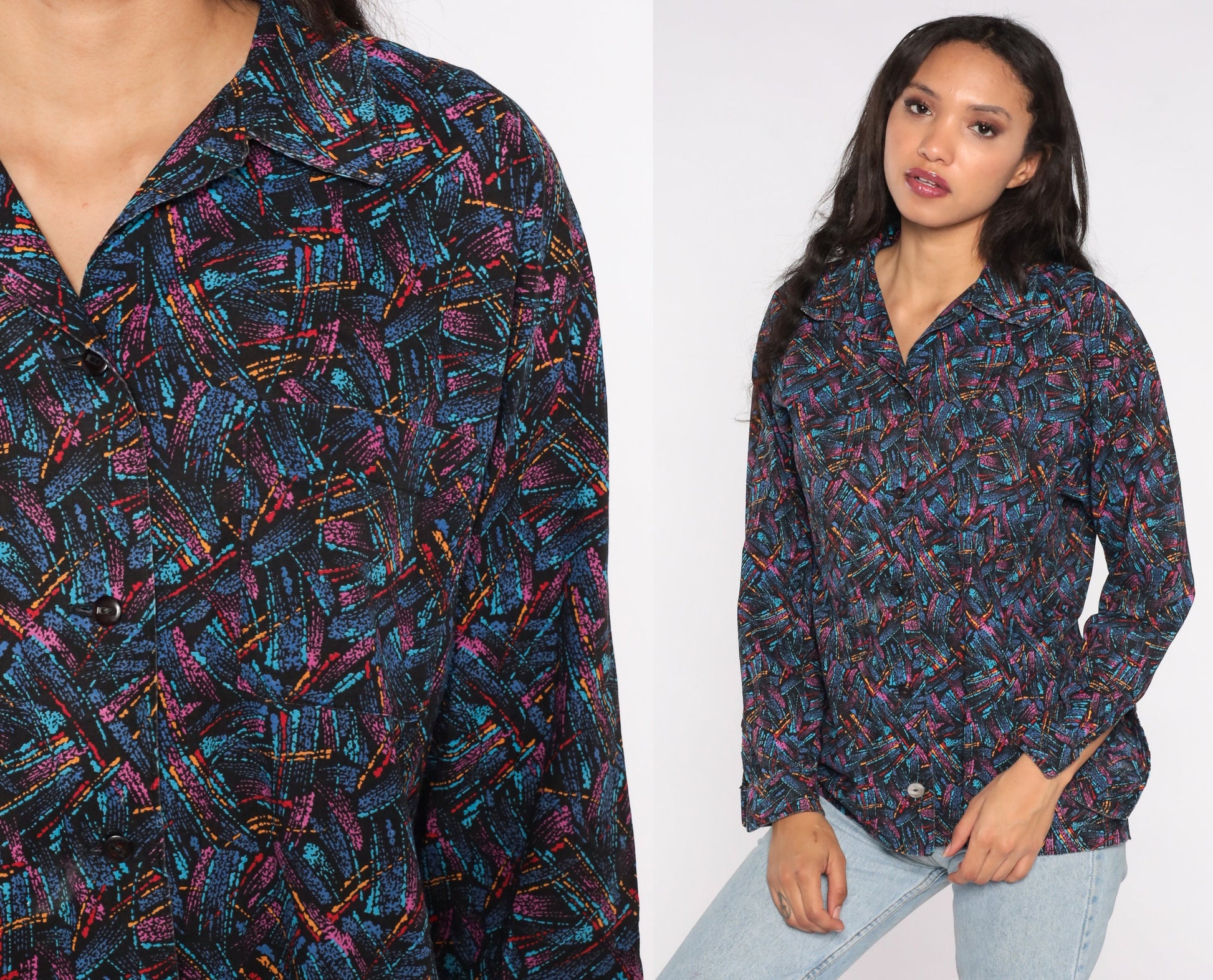 90s Abstract Brushstroke Button-Up Blouse Blue Pink Long Sleeve Medium Large