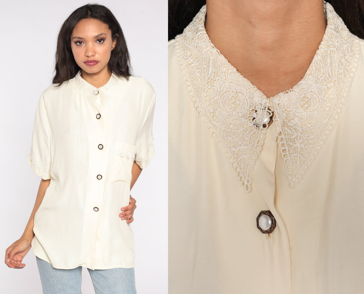 80s Cream Lace Collar Button-Up Blouse Short Sleeve Vintage Shirt XXL