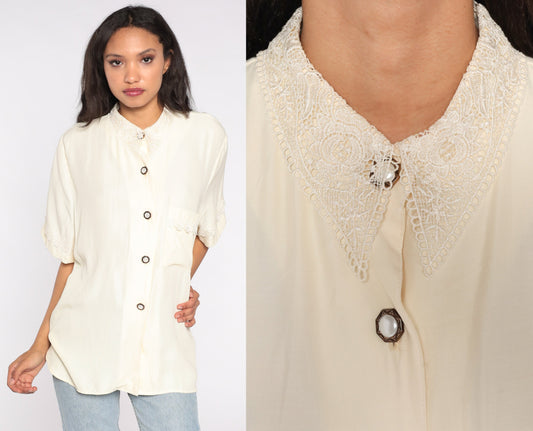 80s Cream Lace Collar Button-Up Blouse Short Sleeve Vintage Shirt XXL