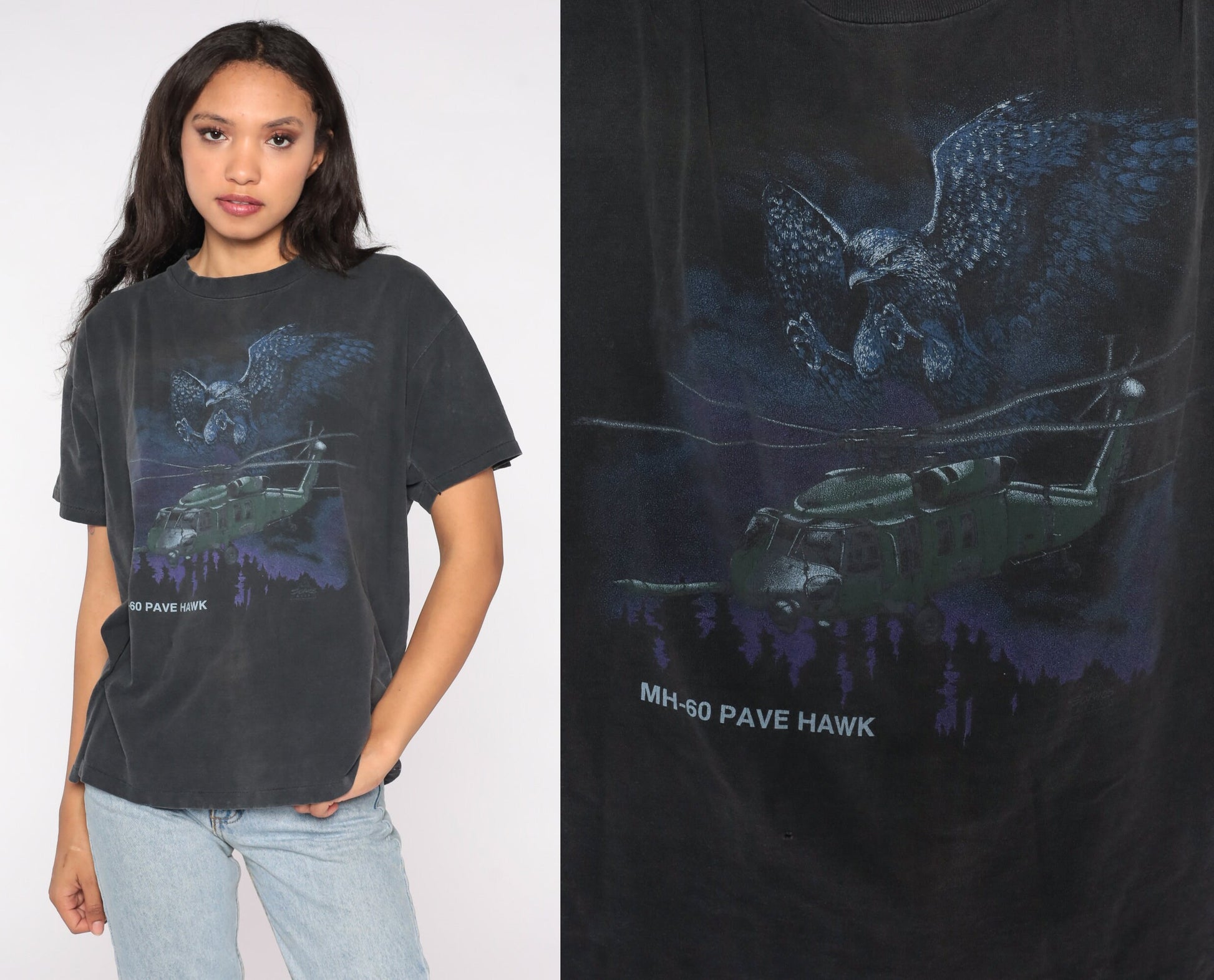 90s MH-60 Pave Hawk Helicopter Air Force Graphic Tee Black Cotton Large L