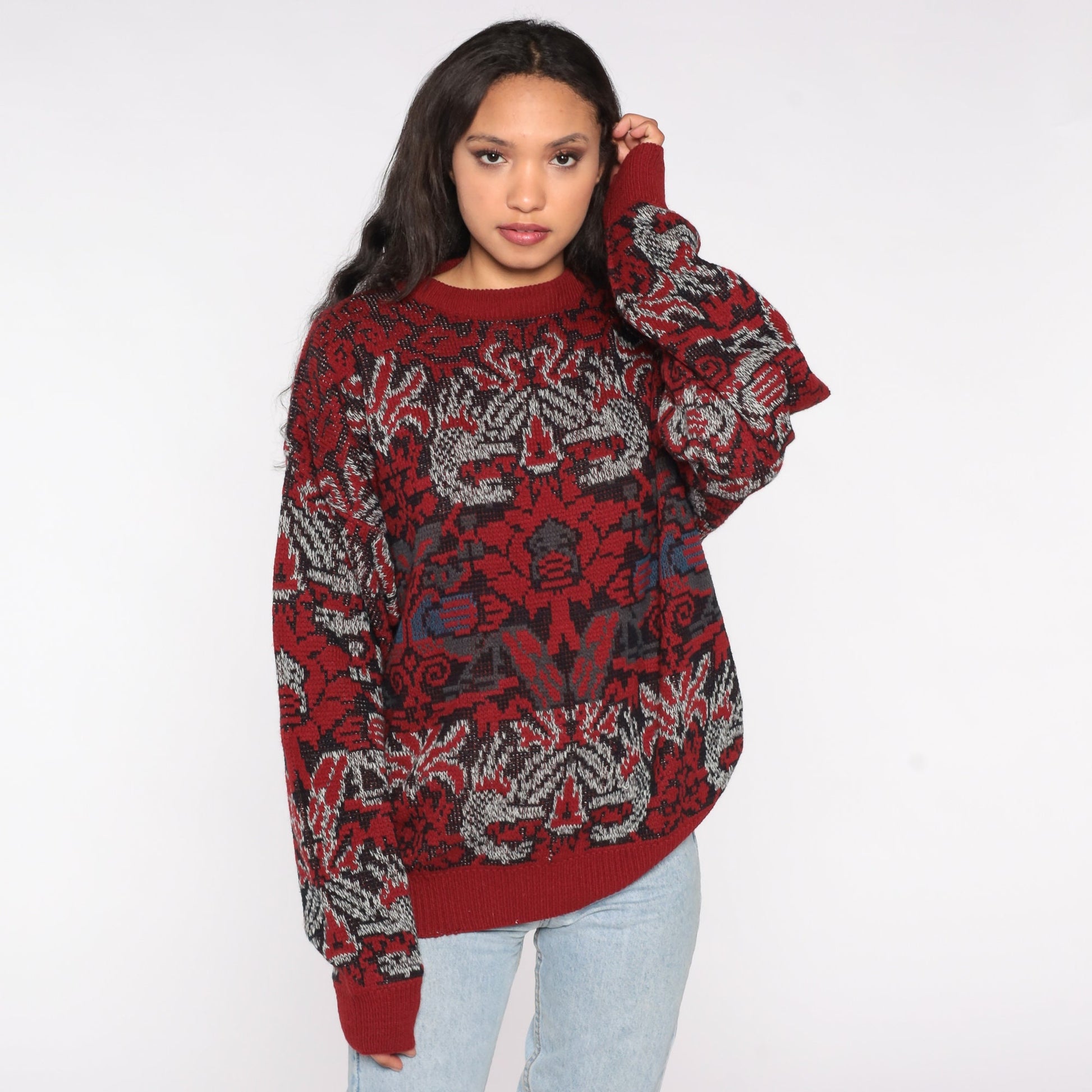 90s Geometric Jacquard Sweater Red Blue Abstract Knit Crewneck Extra Large