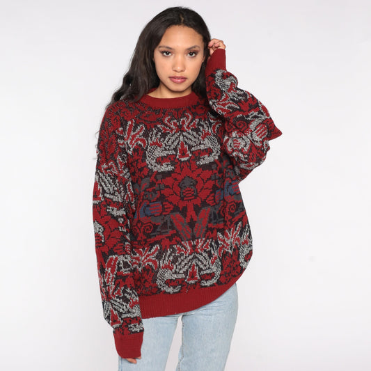 90s Geometric Jacquard Sweater Red Blue Abstract Knit Crewneck Extra Large
