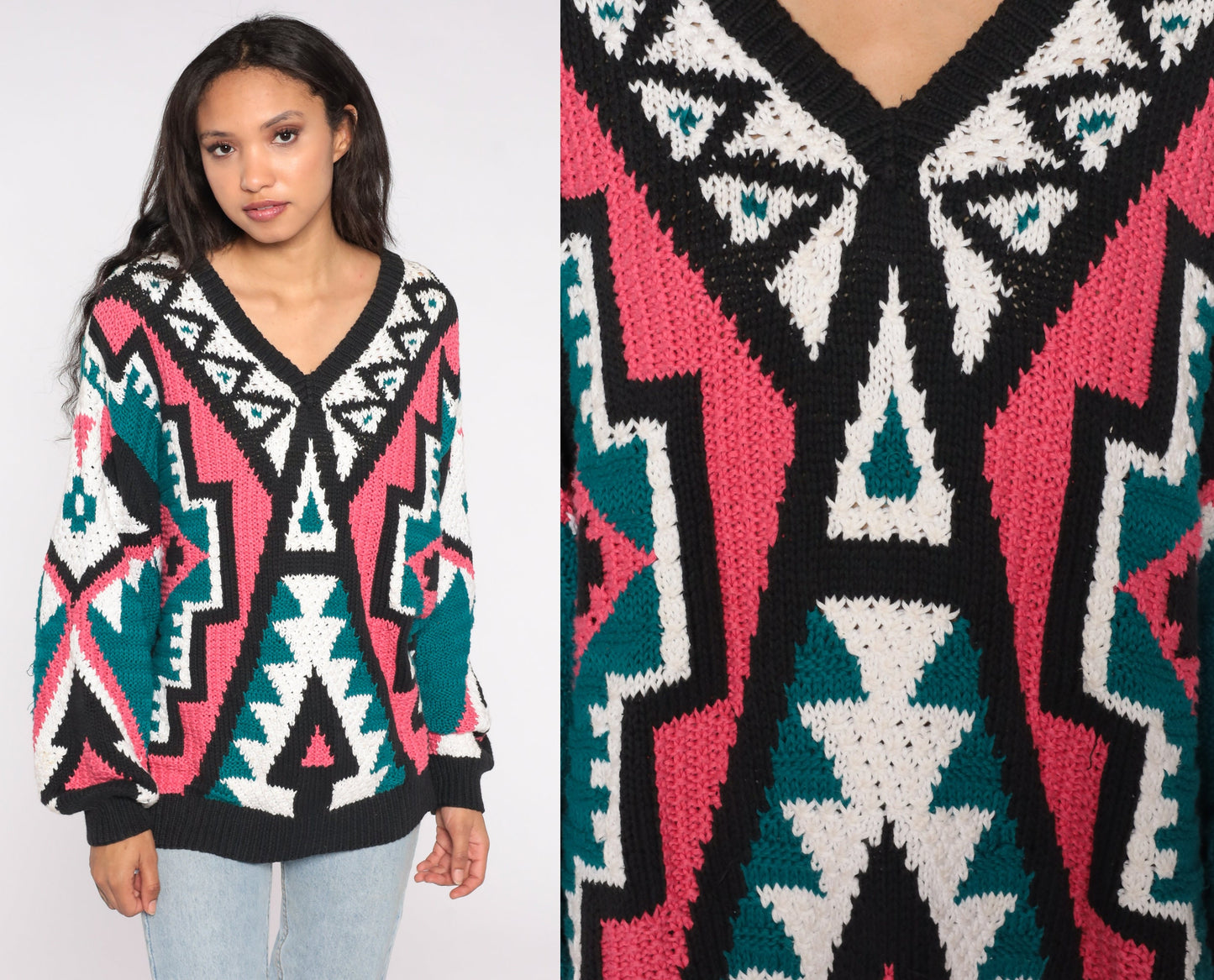 80s Geometric Knit Sweater V Neck Balloon Sleeve Pink Green Southwestern Medium