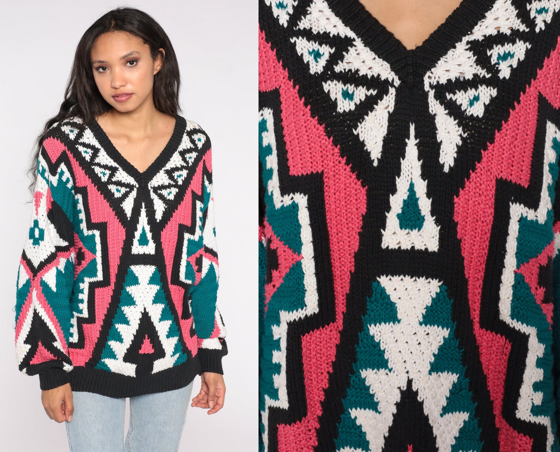 80s Geometric Knit Sweater V Neck Balloon Sleeve Pink Green Southwestern Medium