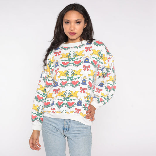 90s Christmas Angel Dove Heart Print Sweatshirt Graphic Pullover Large L