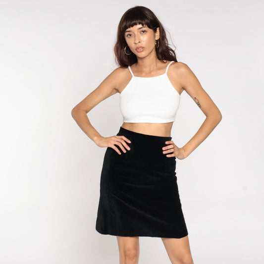 80s Black Velvet Pencil Mini Skirt High Waist Small S