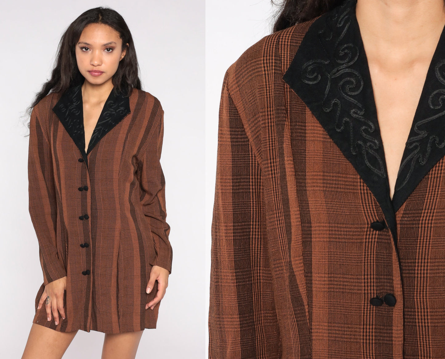 80s Brown Striped Blazer Black Soutache Collar Double-Breasted Jacket Medium Large