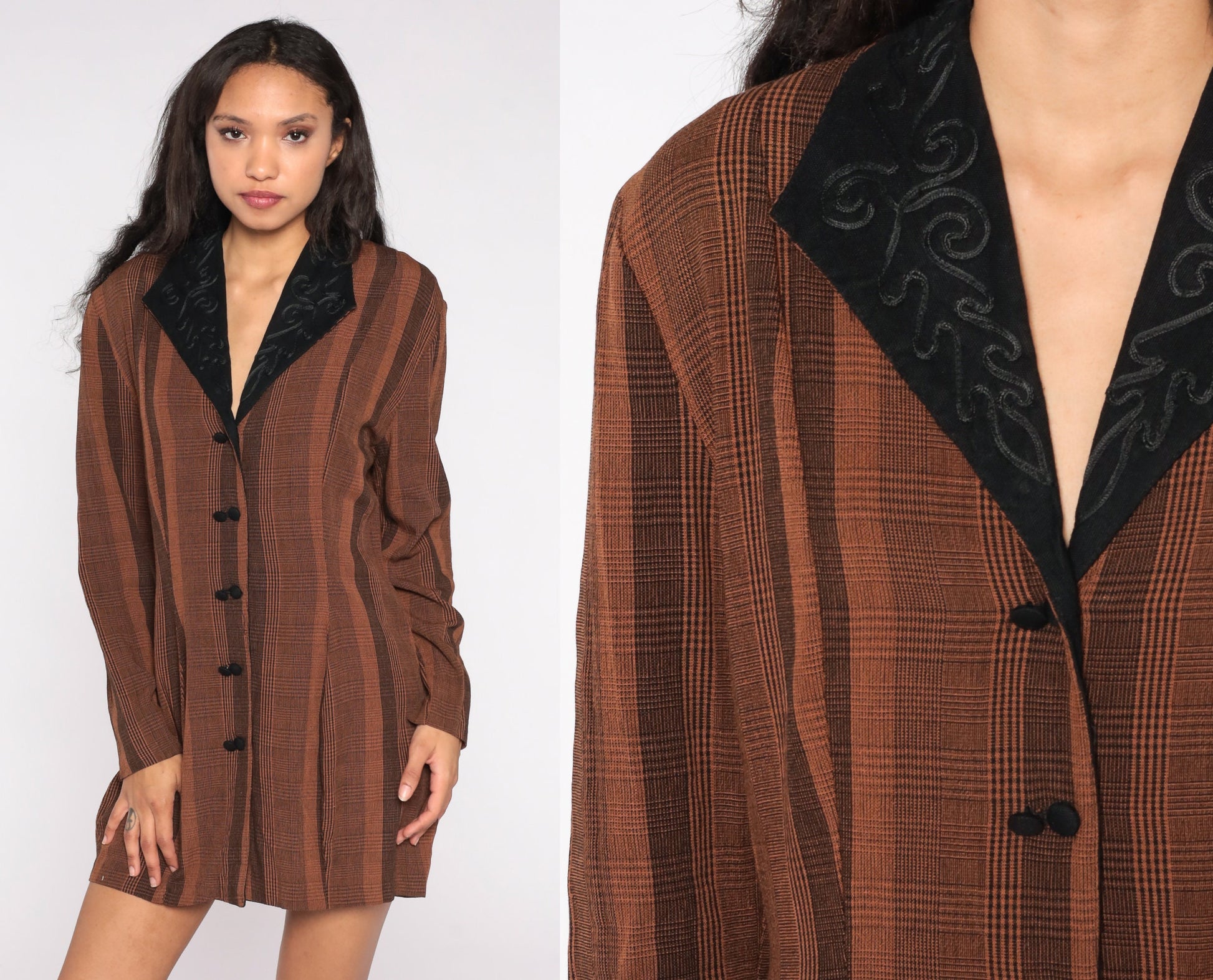 80s Brown Striped Blazer Black Soutache Collar Double-Breasted Jacket Medium Large