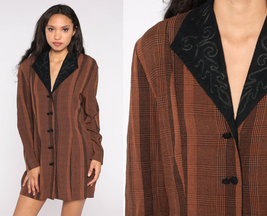 80s Brown Striped Blazer Black Soutache Collar Double-Breasted Jacket Medium Large