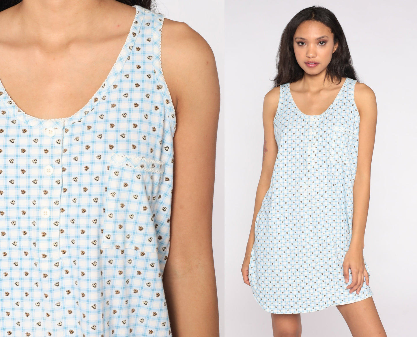 90s Checkered Heart Print Nightgown Blue White Plaid Sleeveless Button-Up Large
