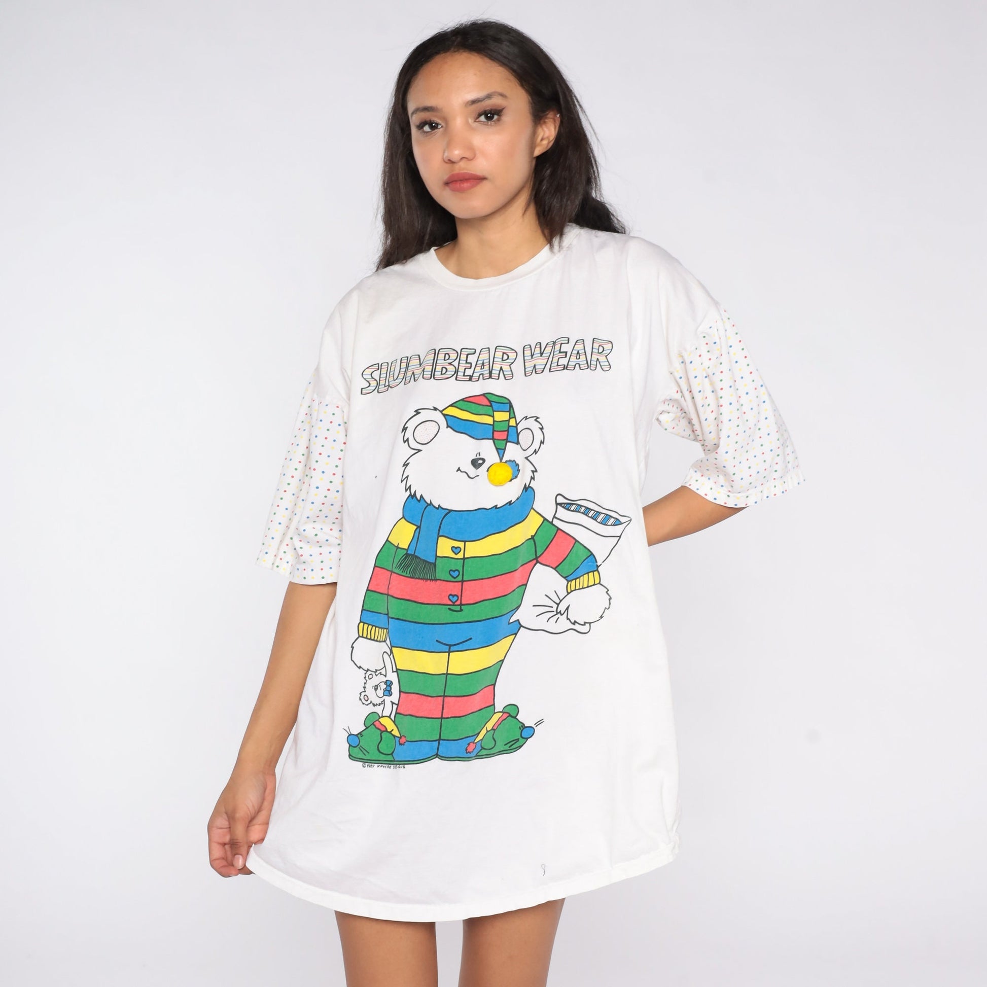 80s Slumbear Wear Teddy Bear Pajama Dress Nightgown Cotton Graphic Small