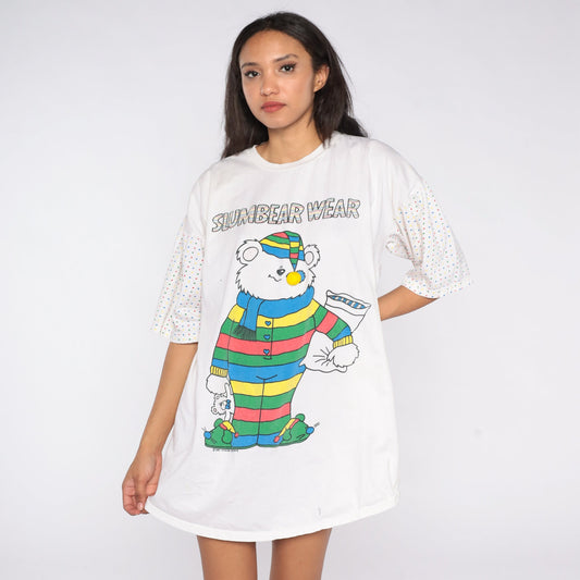 80s Slumbear Wear Teddy Bear Pajama Dress Nightgown Cotton Graphic Small