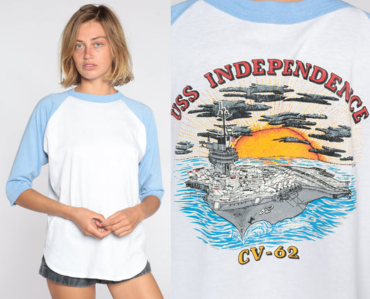 80s USS Independence CV-62 Navy Baseball Tee Baby Blue Graphic Large