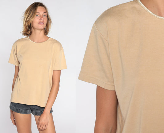 90s Tan T-Shirt Metallic Gold Trim Rib Knit Short Sleeve Medium