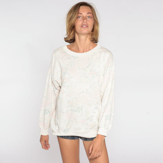 90s Floral Sweatshirt Muted Pastel Flower Print Crewneck Pullover Small