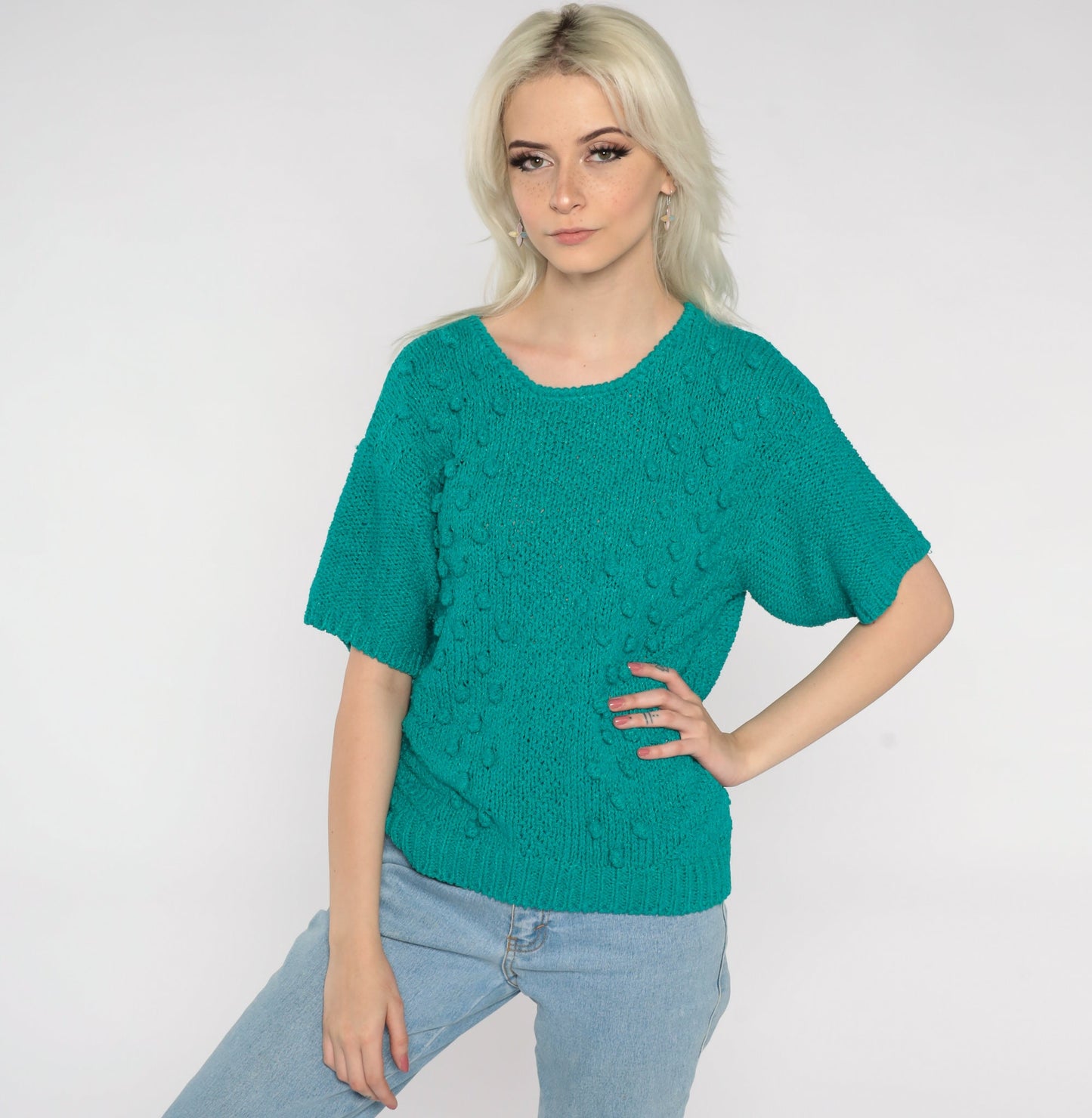 80s Green Nubby Knit Short Sleeve Pullover Silk Rayon Top Medium M