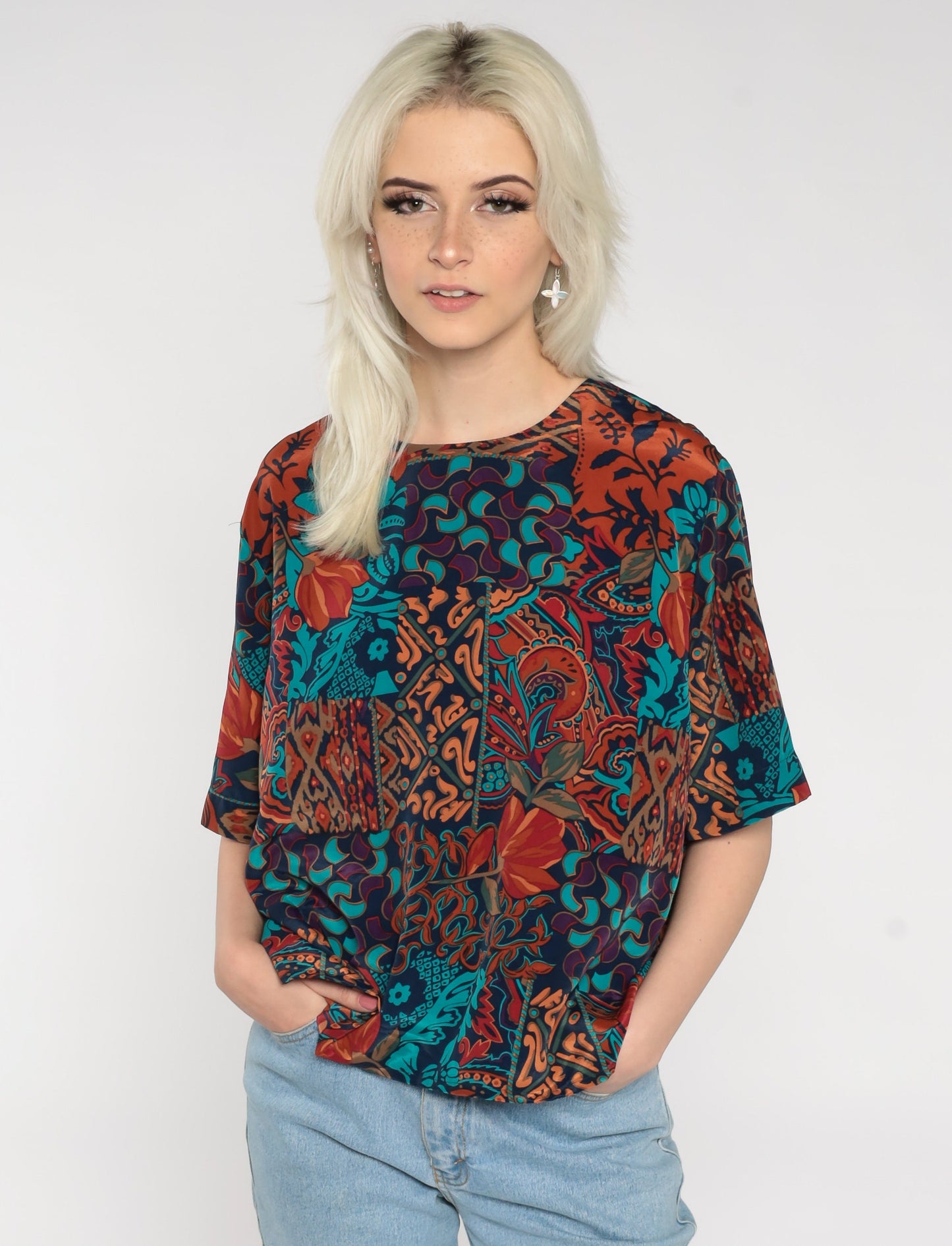 90s Geometric Color Block Blouse Short Sleeve Keyhole Back Multicolor Large L