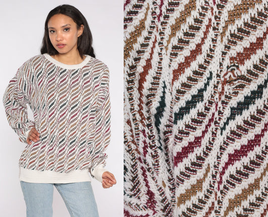 Geometric Print Knit Sweater White Cotton Pullover Extra Small XS