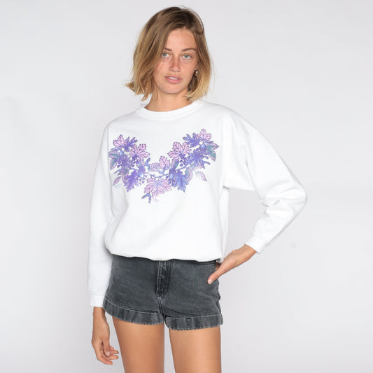 90s Leaf Print Sweatshirt White Graphic Crewneck Purple Acorn Nature Medium M