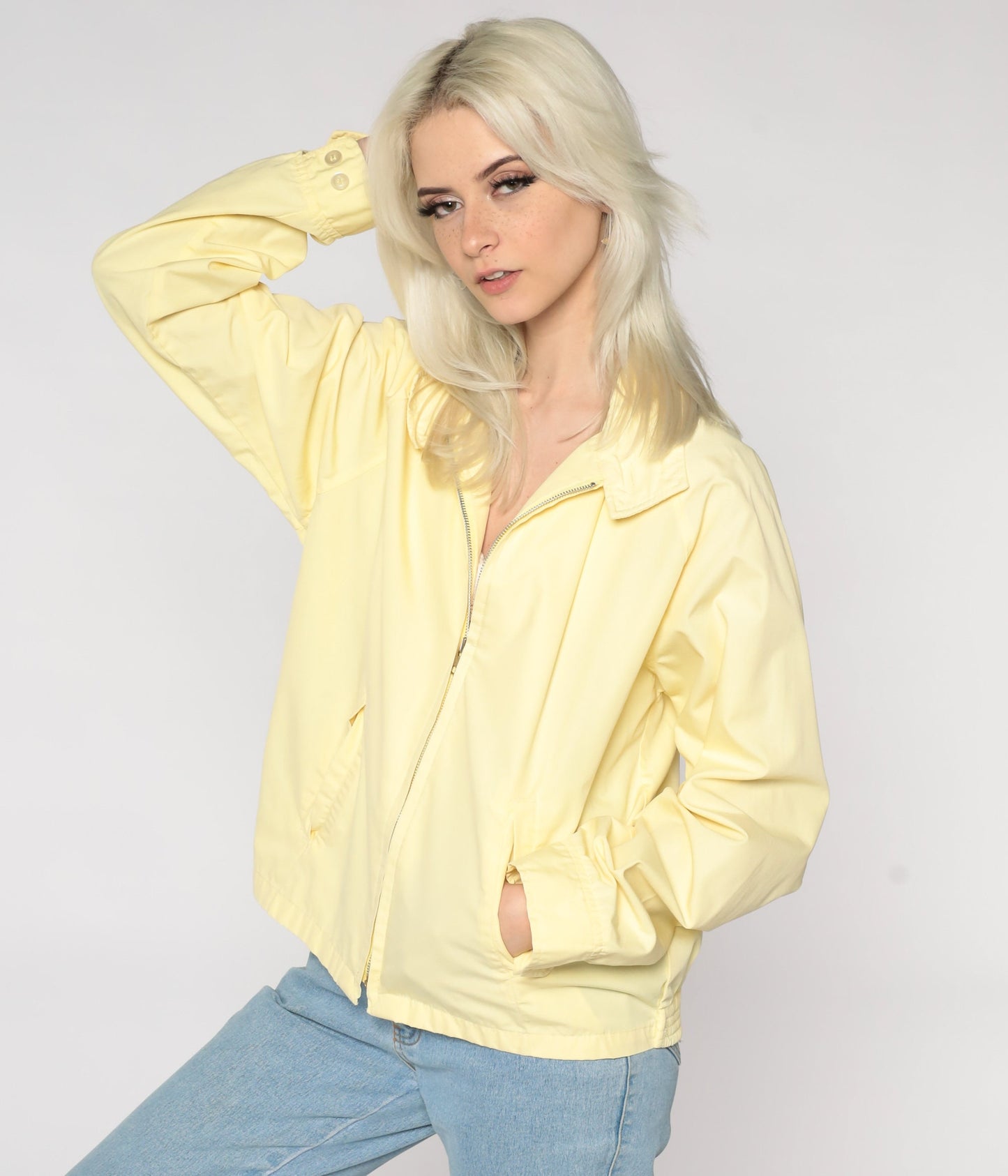 80s Yellow Windbreaker Jacket Collared Zip-Up Large L
