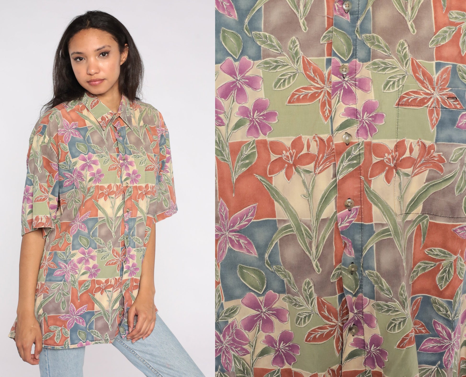 90s Pierre Cardin Floral Button Up Shirt Green Purple Cotton Extra Large Tall