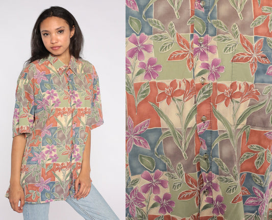 90s Pierre Cardin Floral Button Up Shirt Green Purple Cotton Extra Large Tall
