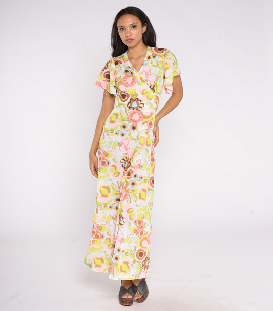 70s Floral Wrap Maxi Dress White Abstract Print High Waist Flutter Sleeve Small