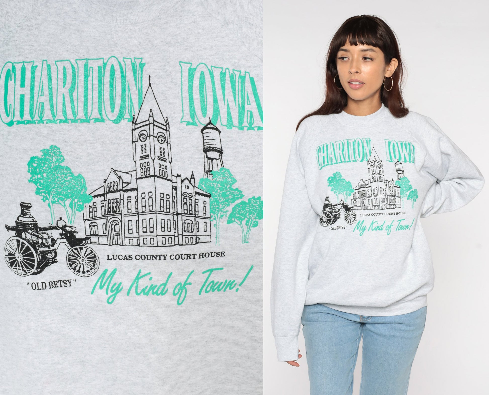 90s Chariton Iowa Courthouse Raglan Sweatshirt Grey Graphic Extra Large XXL
