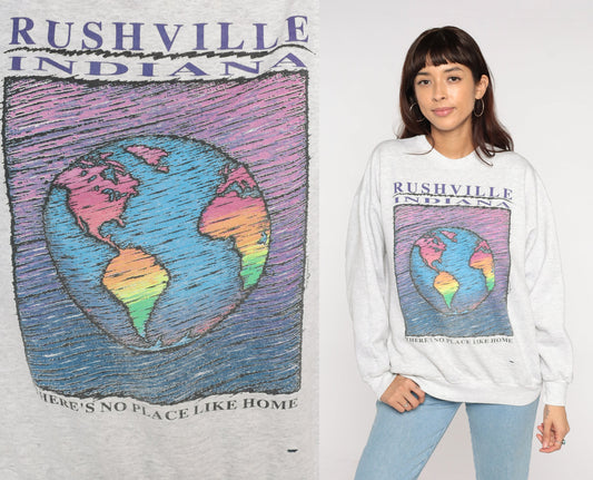 90s Rushville Indiana Sweatshirt Grey Graphic Crewneck There's No Place Like Home Medium M
