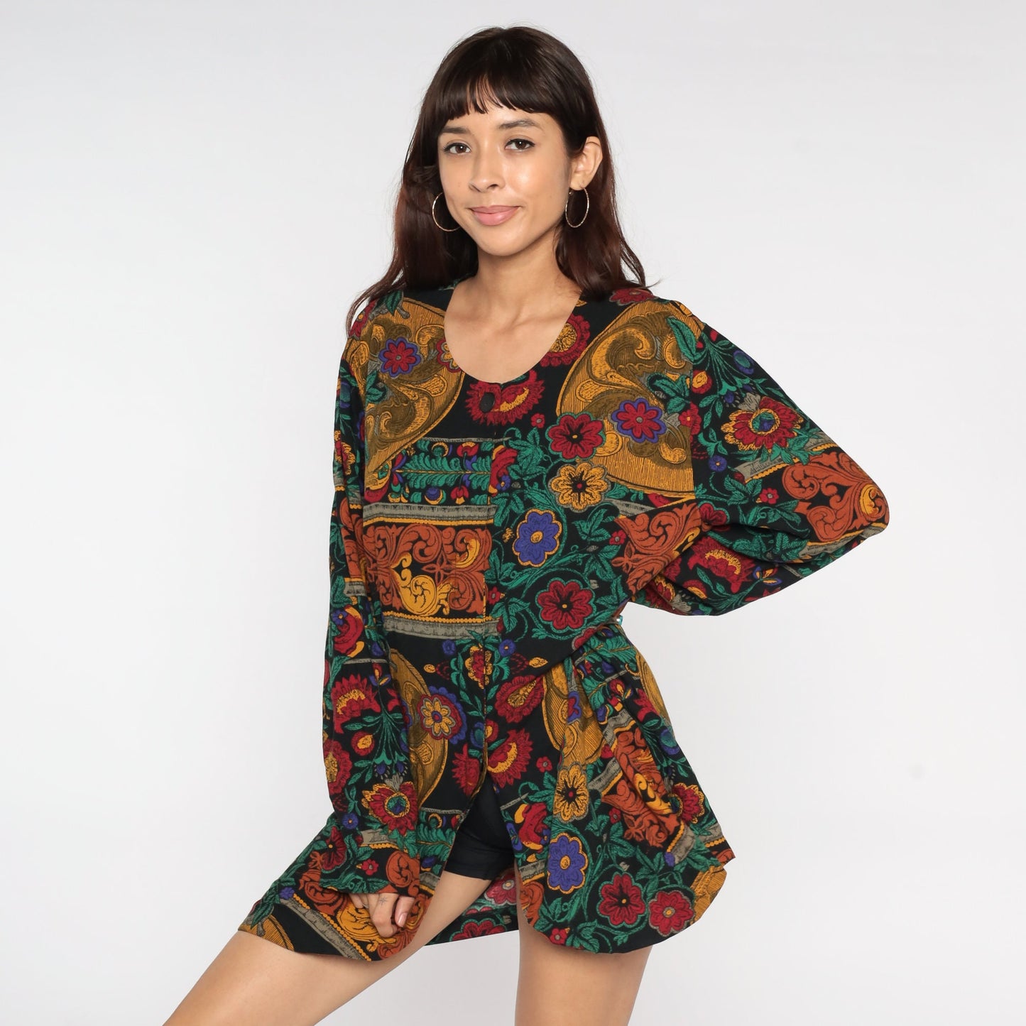 90s Dark Floral Rayon Blouse Long Sleeve Front Slit Tunic Large L