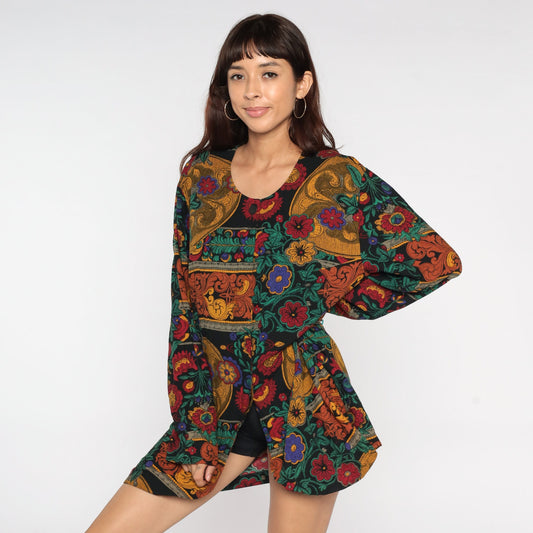 90s Dark Floral Rayon Blouse Long Sleeve Front Slit Tunic Large L