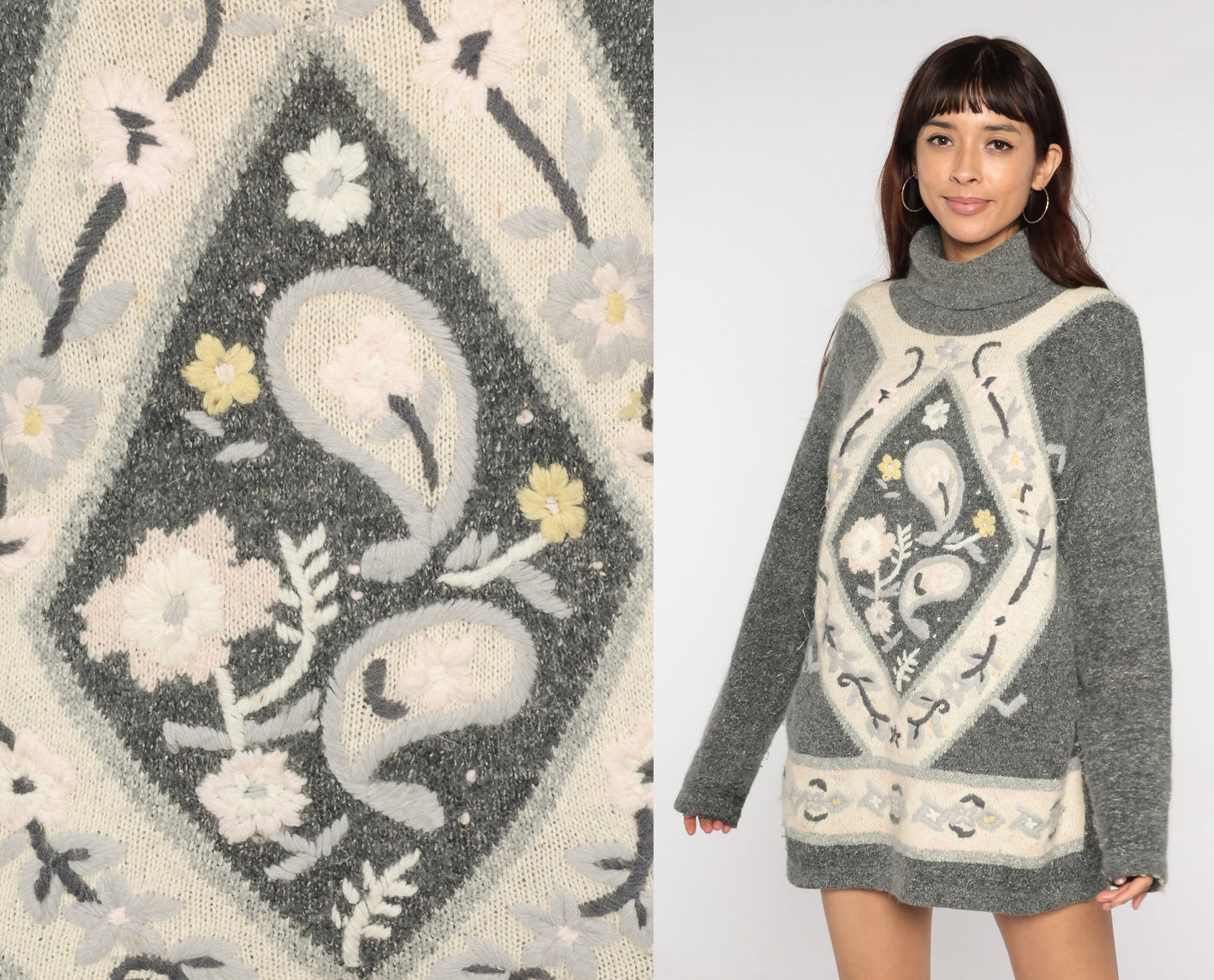 80s Grey Silk Turtleneck Sweater Paisley Floral Embroidered Knit Medium M