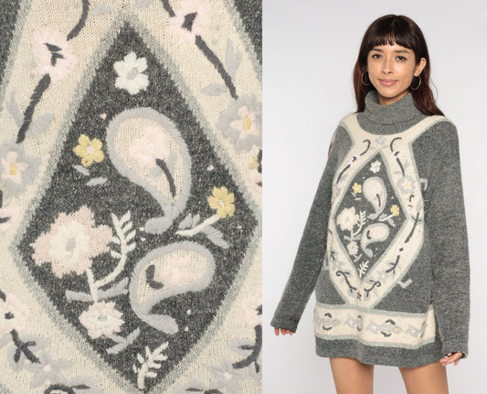 80s Grey Silk Turtleneck Sweater Paisley Floral Embroidered Knit Medium M