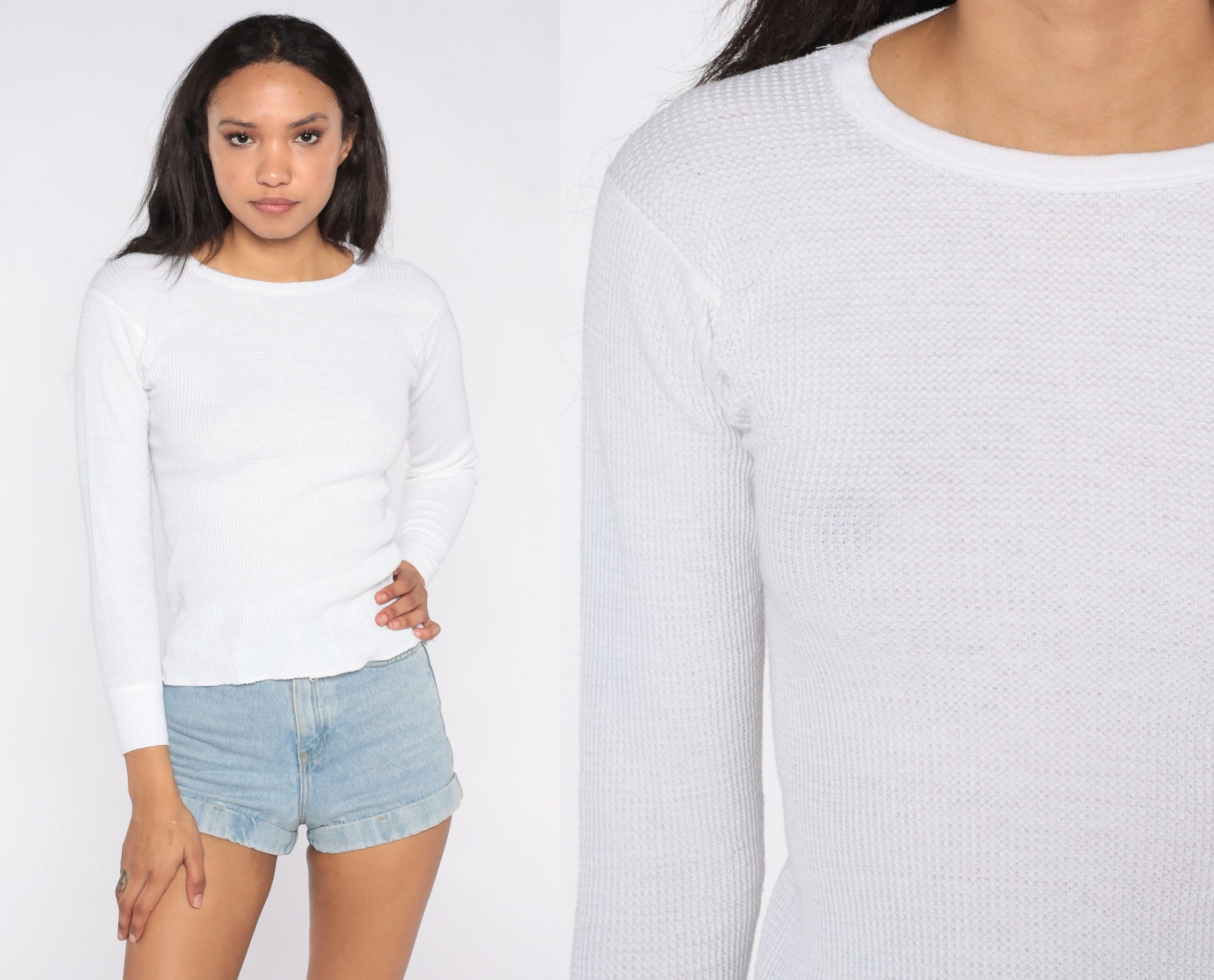 80s White Waffle Knit Thermal Long Sleeve Undershirt Small