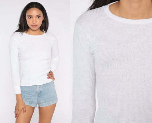 80s White Waffle Knit Thermal Long Sleeve Undershirt Small