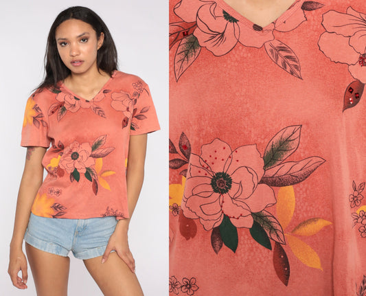 90s Floral V-Neck T-Shirt Coral Pink Flower Print Tee Large L