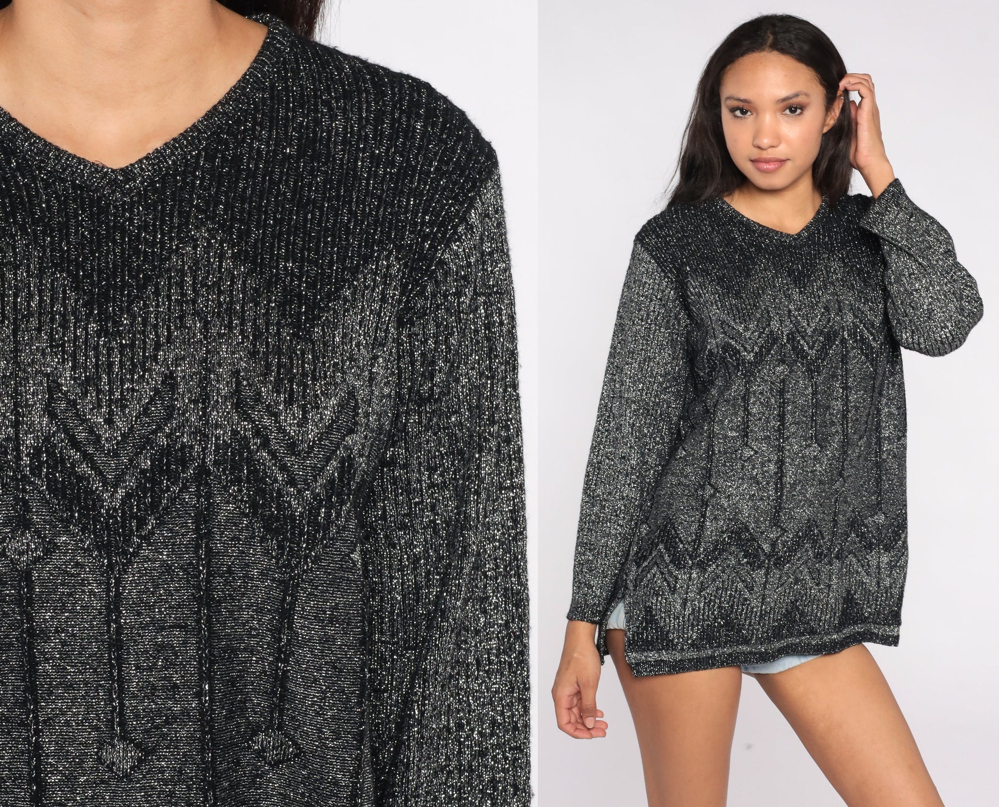 90s Metallic Black Sparkly Knit Top V Neck Long Sleeve Large