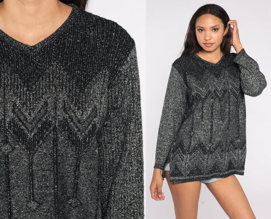 90s Metallic Black Sparkly Knit Top V Neck Long Sleeve Large