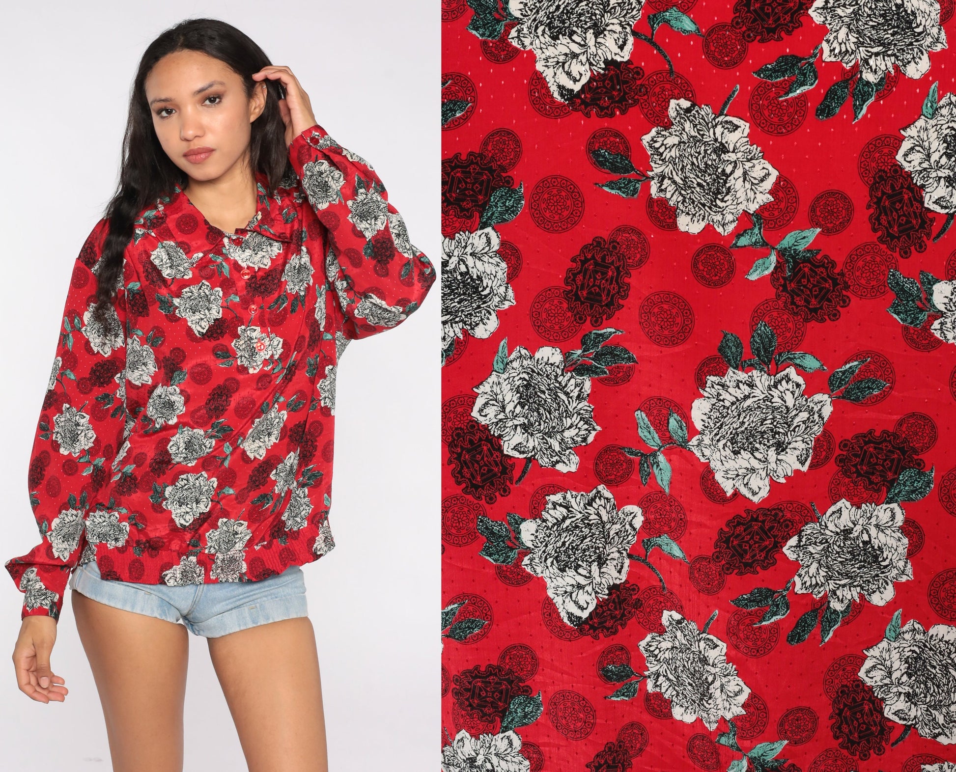 80s Red Floral Geometric Print Blouse Quarter Button Long Sleeve XXL
