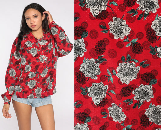 80s Red Floral Geometric Print Blouse Quarter Button Long Sleeve XXL