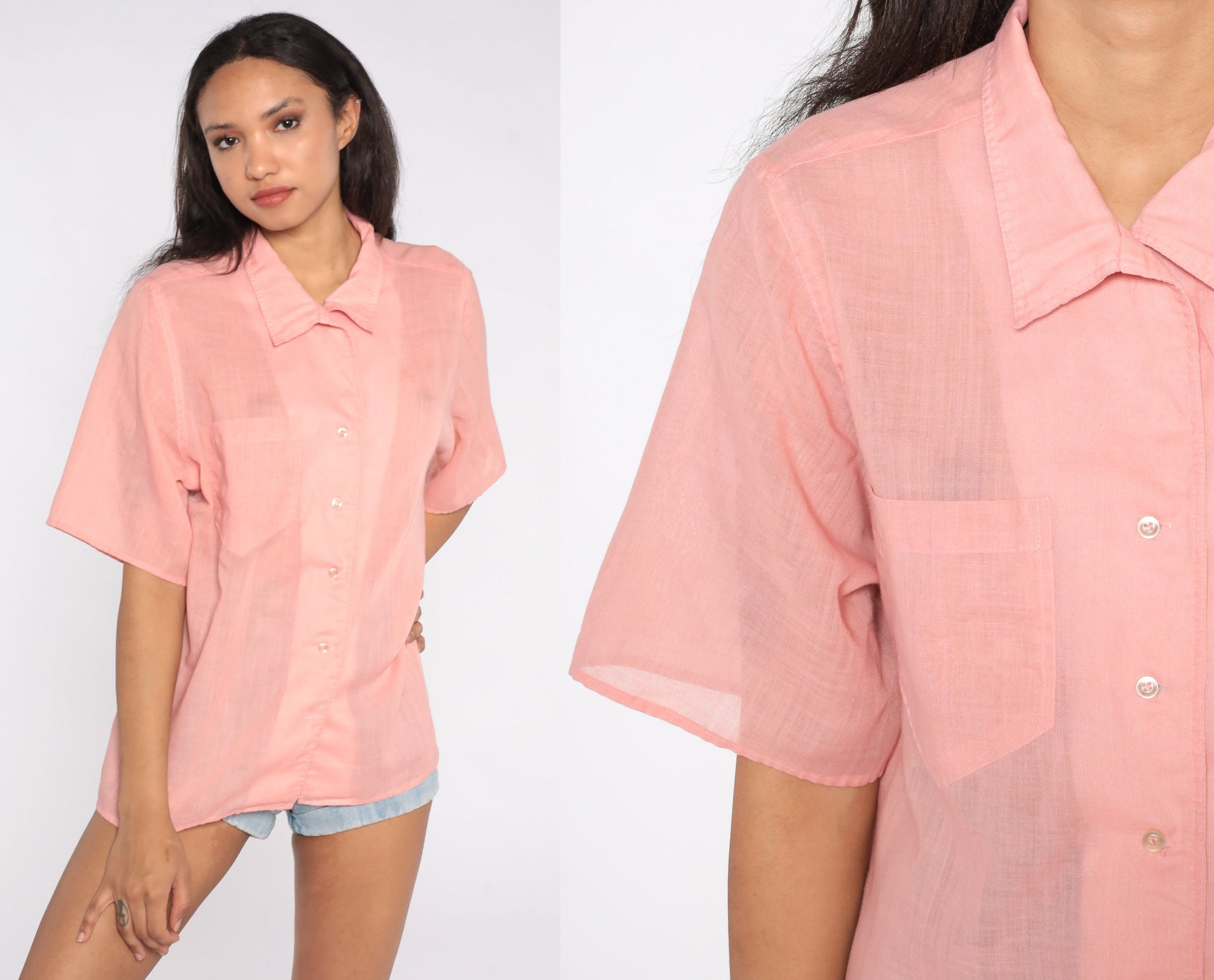 80s Pink Semi-Sheer Button-Up Blouse Short Sleeve Cotton Blend Extra Large